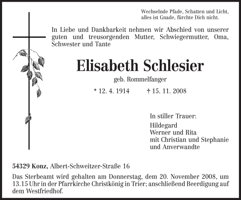  Traueranzeige für Elisabeth Schlesier vom 18.11.2008 aus TRIERISCHER VOLKSFREUND