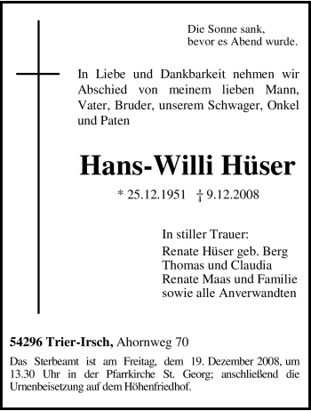 Traueranzeige von Hans-Willi Hüser von TRIERISCHER VOLKSFREUND