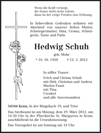 Traueranzeige von Hedwig Schuh von TRIERISCHER VOLKSFREUND