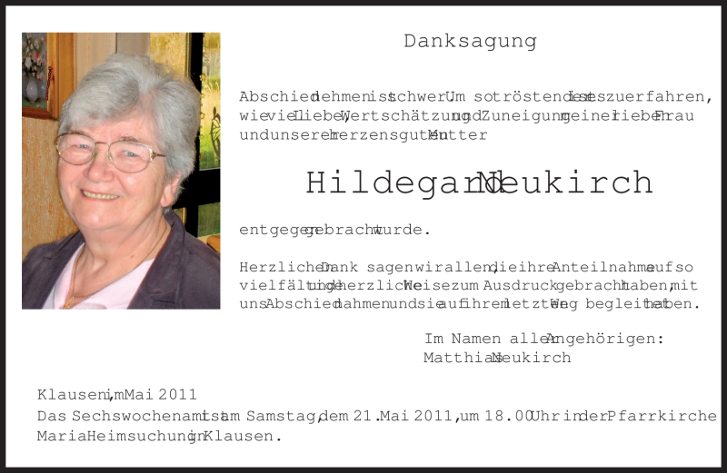  Traueranzeige für Hildegard Neukirch vom 14.05.2011 aus TRIERISCHER VOLKSFREUND