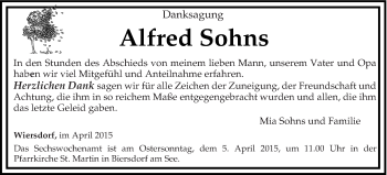 Traueranzeige von Alfred Sohns von trierischer_volksfreund