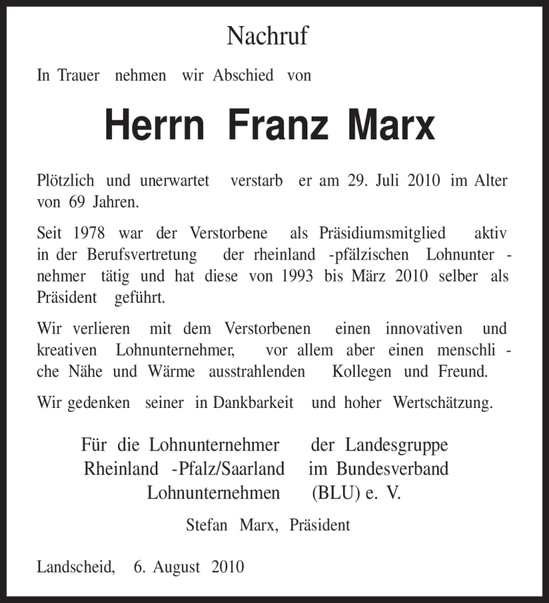  Traueranzeige für Franz Marx vom 06.08.2010 aus TRIERISCHER VOLKSFREUND