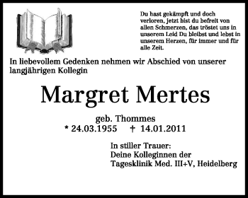 Traueranzeige von Margret Mertes von TRIERISCHER VOLKSFREUND