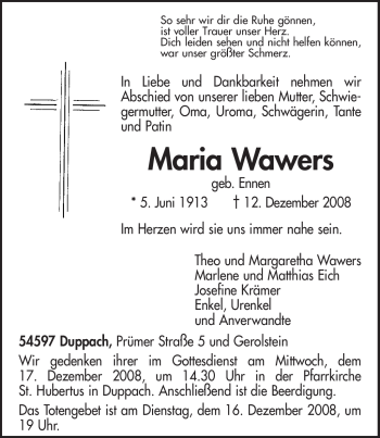 Traueranzeige von Maria Wawers von TRIERISCHER VOLKSFREUND
