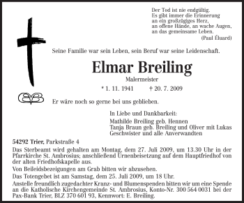 Traueranzeige von Elmar Breiling von TRIERISCHER VOLKSFREUND