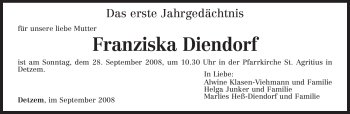Traueranzeige von Franziska Diendorf von TRIERISCHER VOLKSFREUND