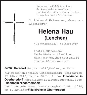 Traueranzeige von Helena Hau von TRIERISCHER VOLKSFREUND