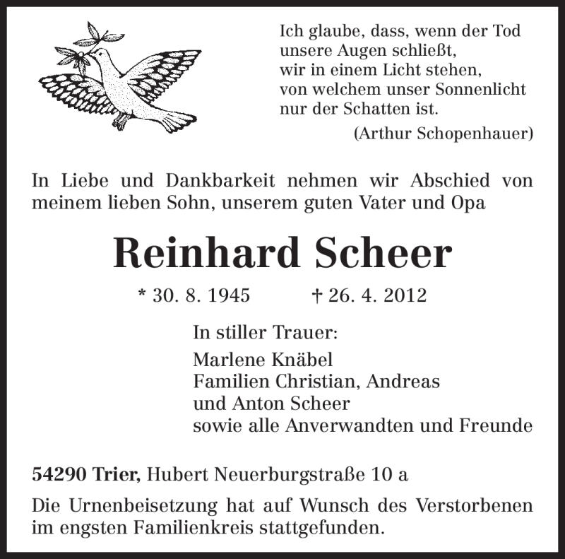  Traueranzeige für Reinhard Scheer vom 09.05.2012 aus TRIERISCHER VOLKSFREUND