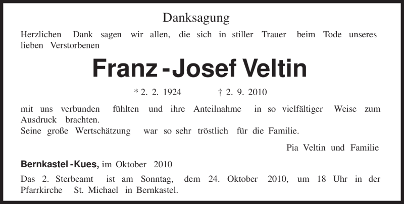  Traueranzeige für Franz-Josef Veltin vom 02.10.2010 aus TRIERISCHER VOLKSFREUND