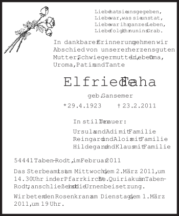 Traueranzeige von Elfriede Faha von TRIERISCHER VOLKSFREUND