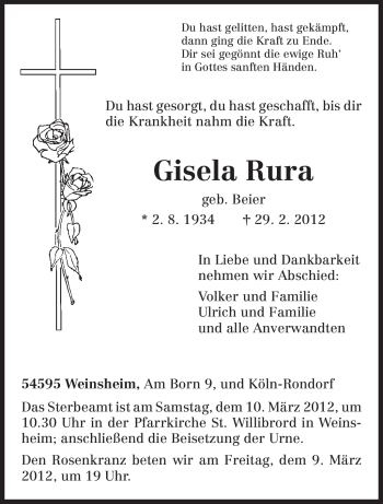 Traueranzeige von Gisela Rura von TRIERISCHER VOLKSFREUND