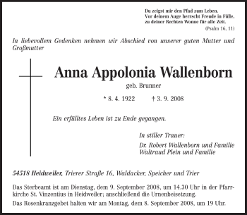 Traueranzeige von Anna Appolonia Wallenborn von TRIERISCHER VOLKSFREUND