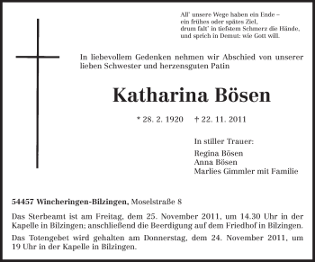 Traueranzeige von Katharina Bösen von TRIERISCHER VOLKSFREUND