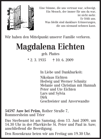 Traueranzeige von Magdalena Eichten von TRIERISCHER VOLKSFREUND