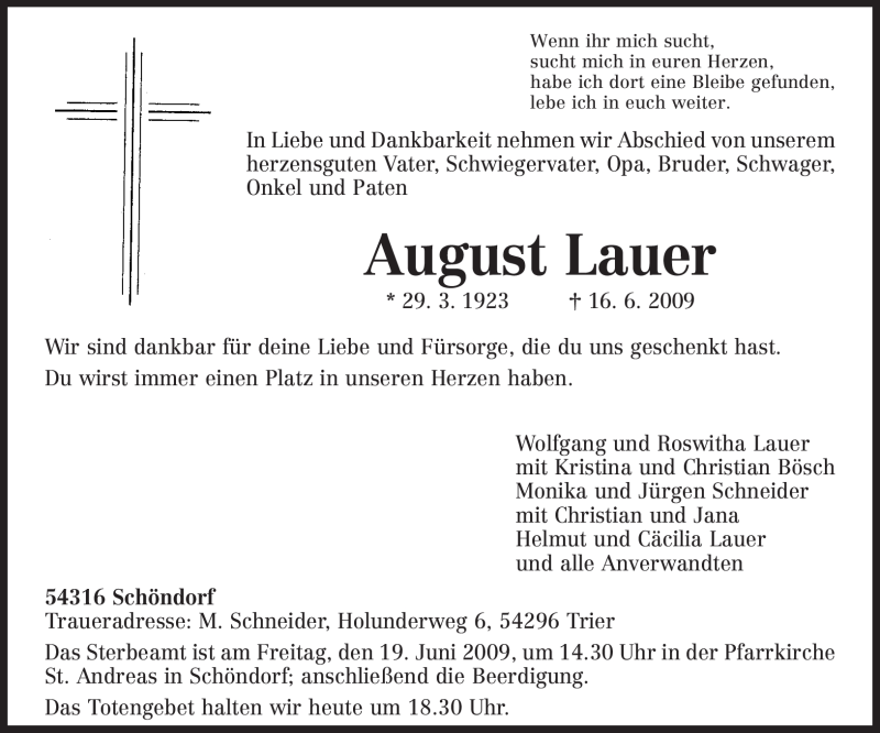  Traueranzeige für August Lauer vom 18.06.2009 aus TRIERISCHER VOLKSFREUND