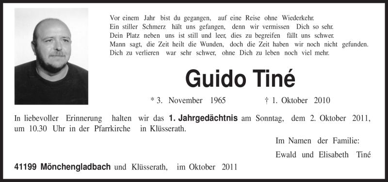  Traueranzeige für Guido Tiné vom 01.10.2011 aus TRIERISCHER VOLKSFREUND