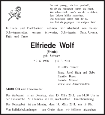 Traueranzeige von Elfriede Wolf von TRIERISCHER VOLKSFREUND