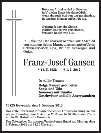 Traueranzeige von Franz-Josef Gansen von TRIERISCHER VOLKSFREUND