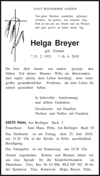 Traueranzeige von Helga Breyer von TRIERISCHER VOLKSFREUND