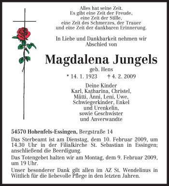 Traueranzeige von Magdalena Jungels von TRIERISCHER VOLKSFREUND