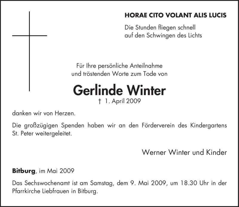  Traueranzeige für Gerlinde Winter vom 02.05.2009 aus TRIERISCHER VOLKSFREUND