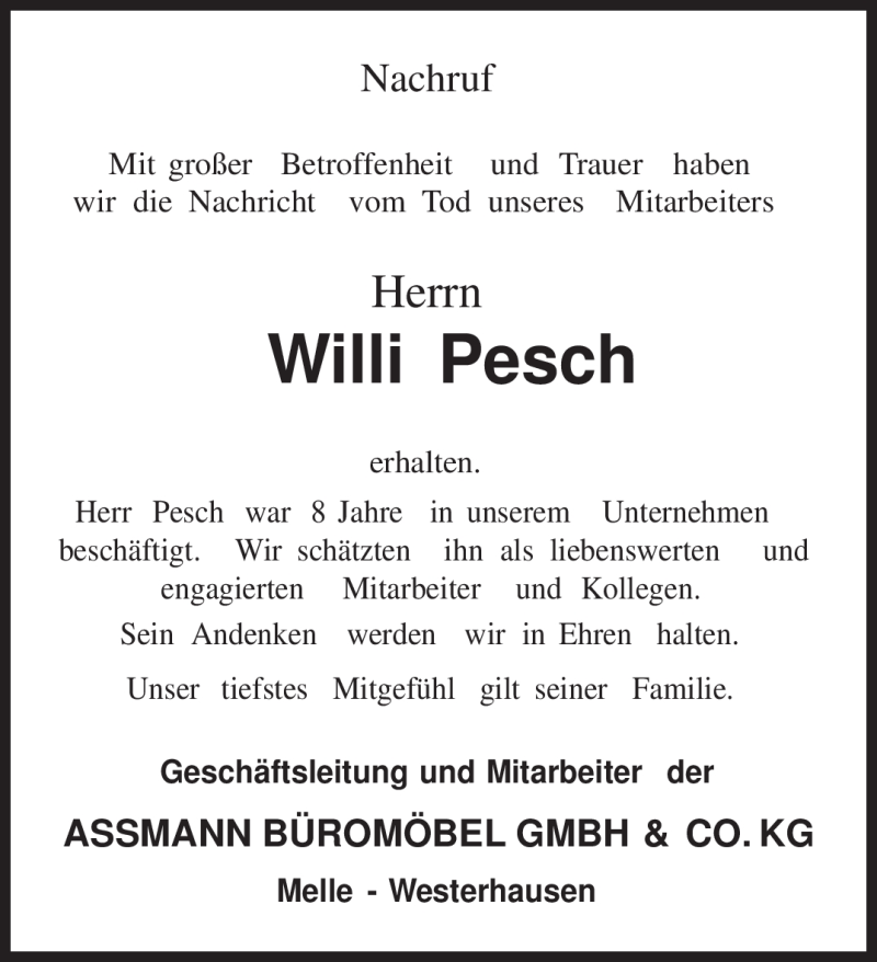  Traueranzeige für Willi Pesch vom 22.10.2011 aus TRIERISCHER VOLKSFREUND