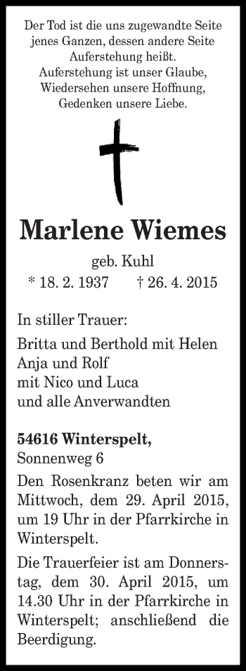 Traueranzeige von Marlen Wiennes von trierischer_volksfreund