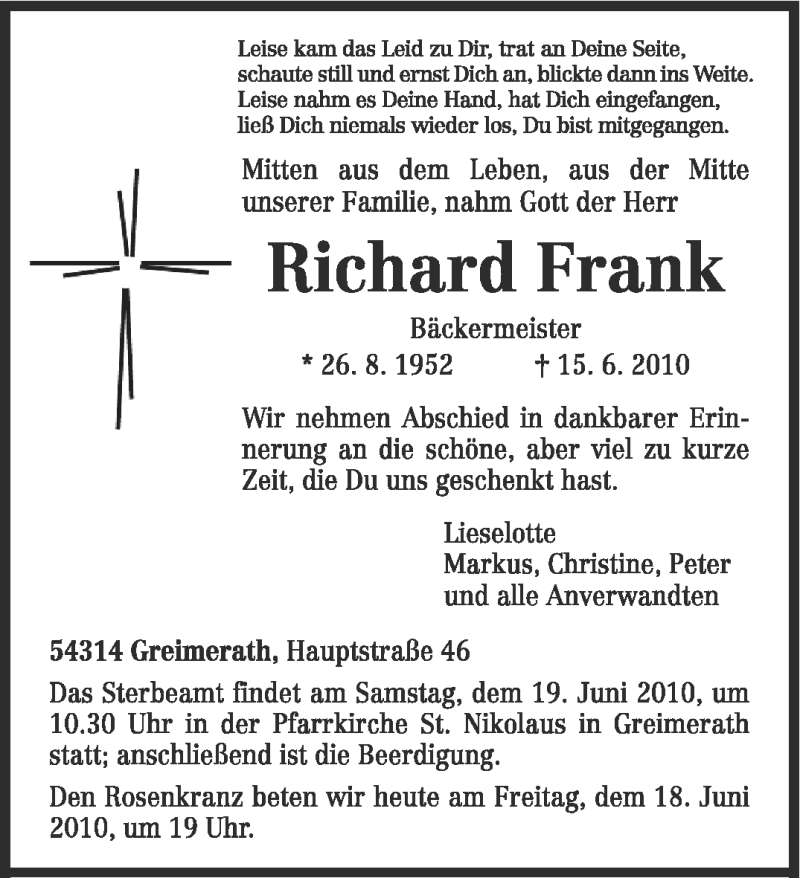  Traueranzeige für Richard Frank vom 18.06.2010 aus TRIERISCHER VOLKSFREUND