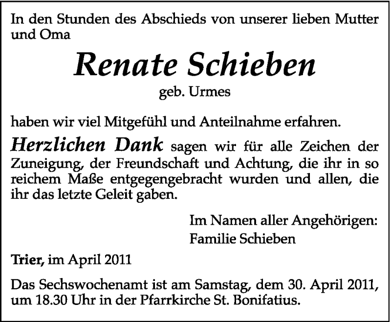  Traueranzeige für Renate Schieben vom 26.04.2011 aus TRIERISCHER VOLKSFREUND