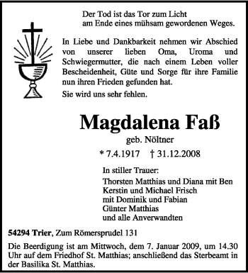 Traueranzeige von Magdalena Faß von TRIERISCHER VOLKSFREUND