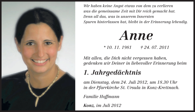  Traueranzeige für Anne Hoffmann vom 21.07.2012 aus TRIERISCHER VOLKSFREUND