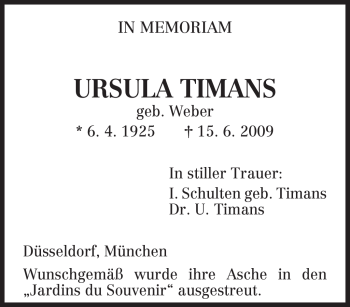 Traueranzeige von Ursula Timans von TRIERISCHER VOLKSFREUND