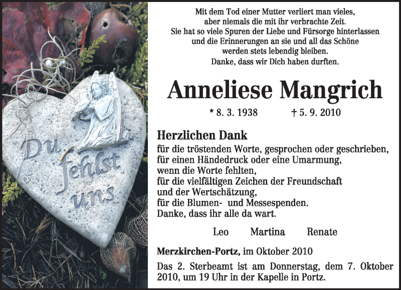  Traueranzeige für Anneliese Mangrich vom 02.10.2010 aus TRIERISCHER VOLKSFREUND