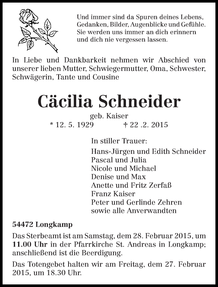  Traueranzeige für Cäcilia Schneider vom 25.02.2015 aus trierischer_volksfreund