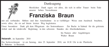 Traueranzeige von Franziska Braun von TRIERISCHER VOLKSFREUND