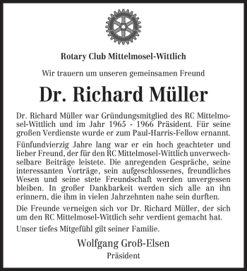 Traueranzeige von Richard Müller von TRIERISCHER VOLKSFREUND