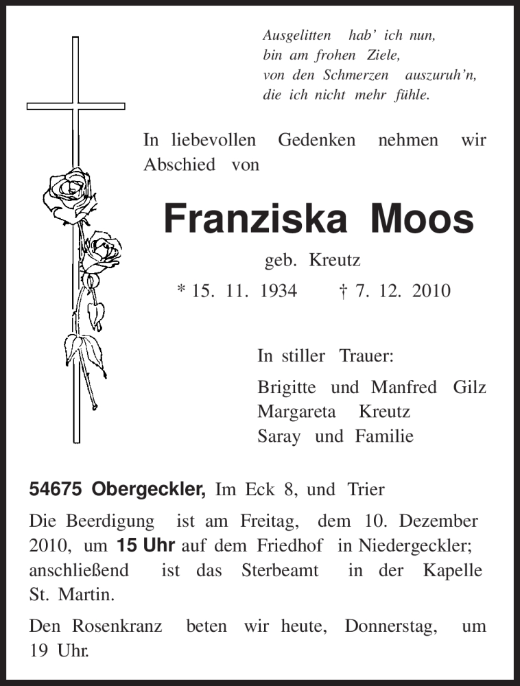  Traueranzeige für Franziska Moos vom 09.12.2010 aus TRIERISCHER VOLKSFREUND
