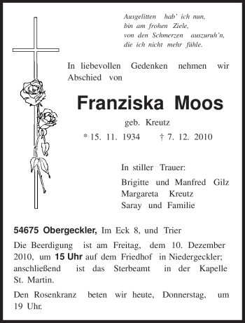 Traueranzeige von Franziska Moos von TRIERISCHER VOLKSFREUND
