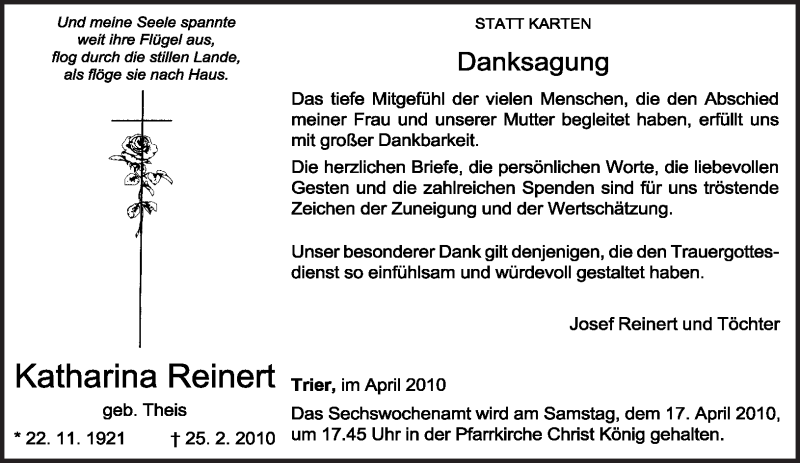  Traueranzeige für Katharina Reinert vom 10.04.2010 aus TRIERISCHER VOLKSFREUND