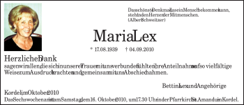Traueranzeige von Maria Lex von TRIERISCHER VOLKSFREUND