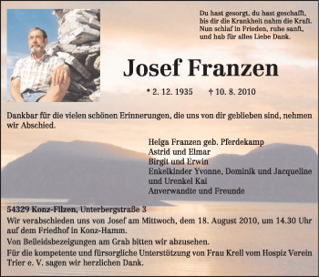 Traueranzeige von Josef Franzen von TRIERISCHER VOLKSFREUND