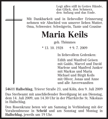 Traueranzeige von Maria Keils von TRIERISCHER VOLKSFREUND