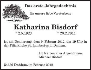 Traueranzeige von Katharina Bisdorf von TRIERISCHER VOLKSFREUND