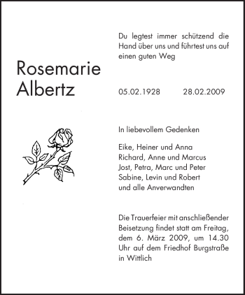 Traueranzeige von Rosemarie Albertz von TRIERISCHER VOLKSFREUND