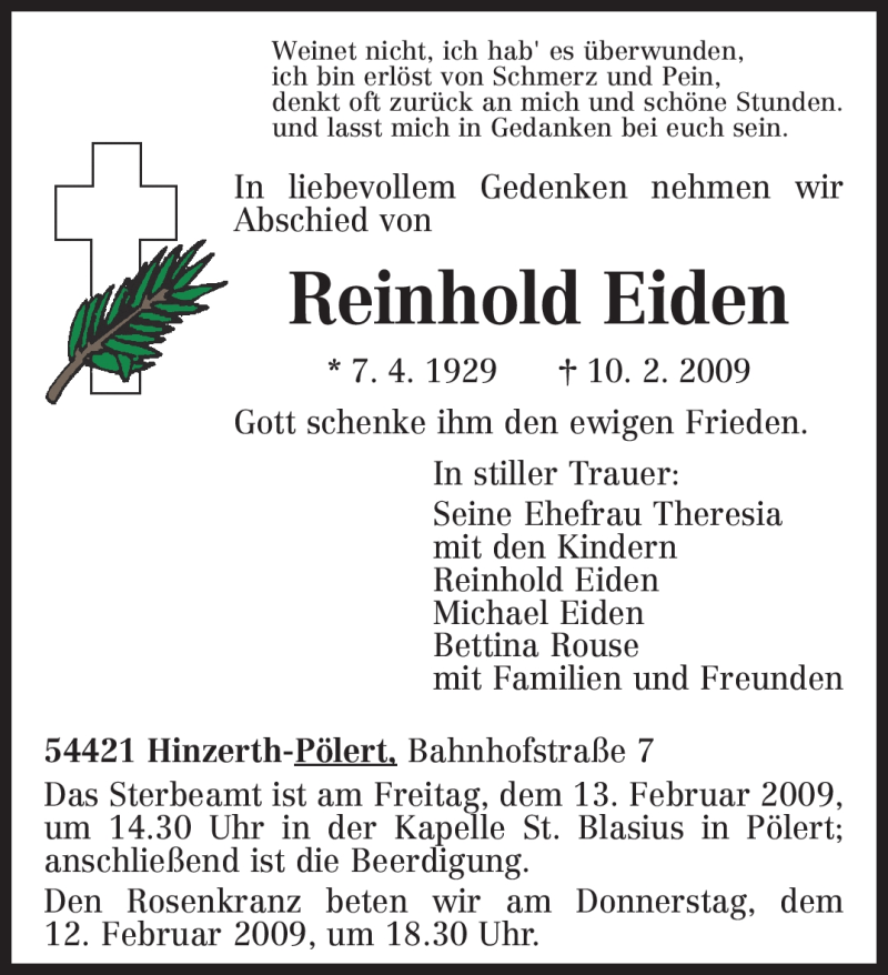  Traueranzeige für Reinhold Eiden vom 12.02.2009 aus TRIERISCHER VOLKSFREUND
