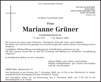 Traueranzeige von Marianne Grüner von TRIERISCHER VOLKSFREUND