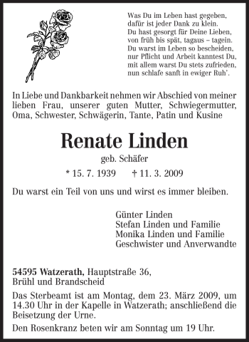 Traueranzeige von Renate Linden von TRIERISCHER VOLKSFREUND