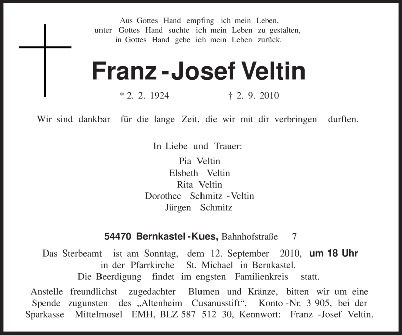  Traueranzeige für Franz-Josef Veltin vom 06.09.2010 aus TRIERISCHER VOLKSFREUND