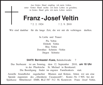 Traueranzeige von Franz-Josef Veltin von TRIERISCHER VOLKSFREUND
