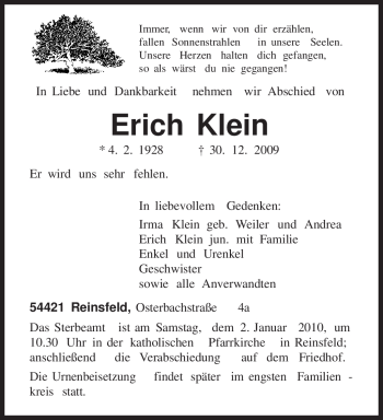 Traueranzeige von Erich Klein von TRIERISCHER VOLKSFREUND